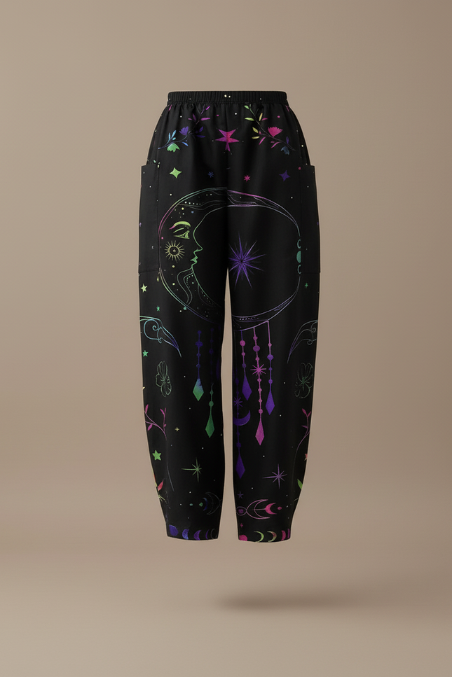 Pantalon Baggy Noir Ample Imprimé Lune Étoiles Fluide - Viscose - vue 3