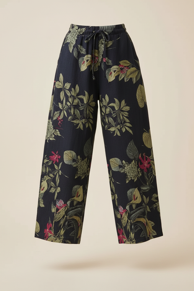Pantalon Baggy Fleuri Noir Ample Fluide Bohème - Lin - vue 3