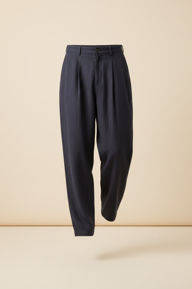 Pantalon Baggy Bleu Marine Lin Plissé Ample Décontracté - vue 3