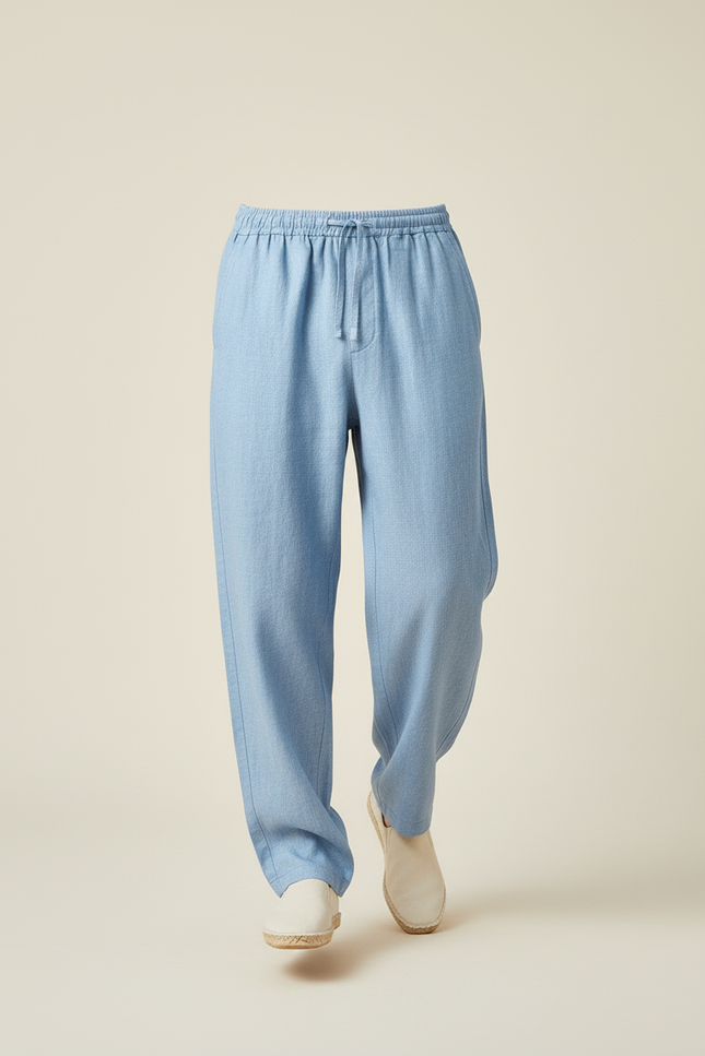 Pantalon Baggy Bleu Ciel Lin Ample Cordon Décontracté - vue 3