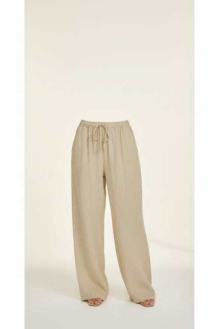 Pantalon Baggy Lin Beige Fluide Taille Cordon Femme - vue 3