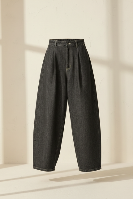Pantalon Baggy Noir Ample Plissé Taille Haute Femme - Jean - vue 3