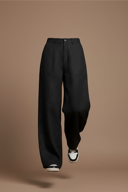 Pantalon Baggy Noir Ample Taille Haute Décontracté - Lin - vue 3