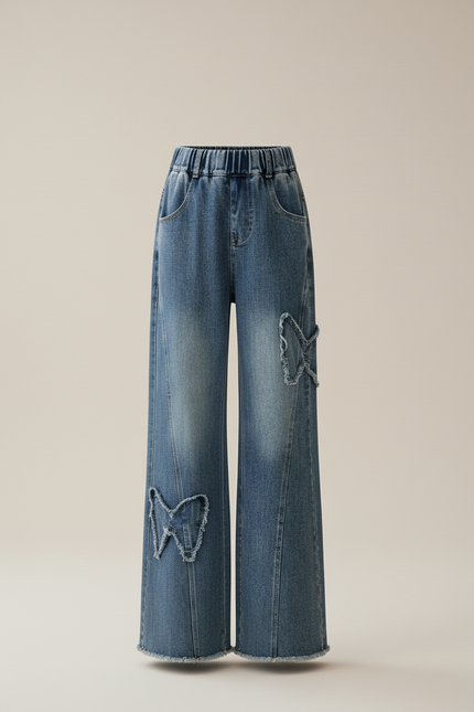 Pantalon Baggy Jean Bleu Ample Papillons Fille - vue 3
