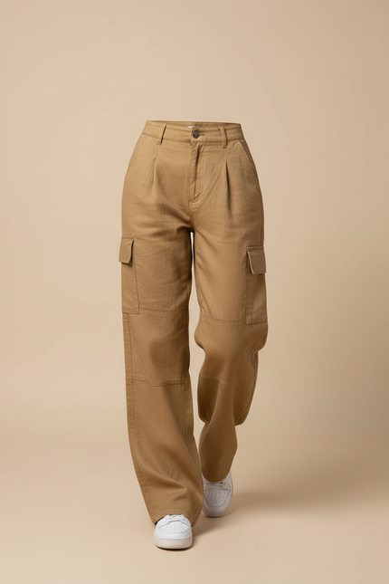Pantalon Baggy Cargo Marron Ample Taille Haute Décontracté - Camel Toile - vue 3
