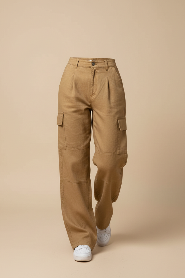 Pantalon Baggy Cargo Marron Ample Taille Haute Décontracté - Camel Toile - vue 3