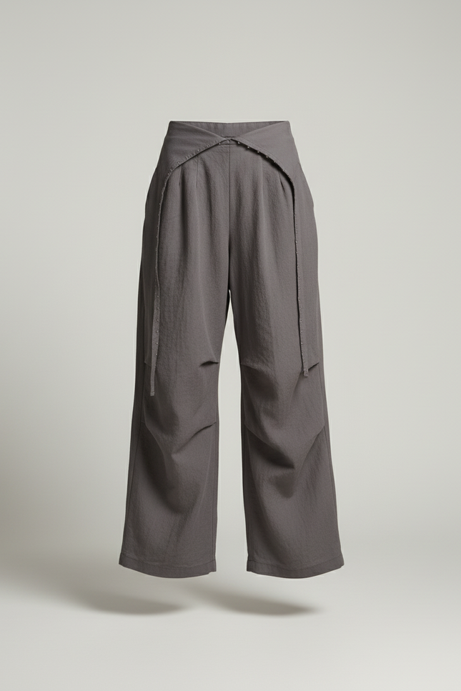 Pantalon Baggy Gris Ample Lin Fluide Décontracté - vue 3