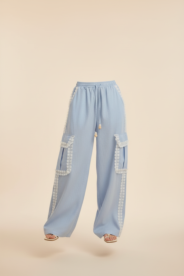 Pantalon Baggy Bleu Clair Cargo Dentelle Ample Fluide - Jean - vue 3