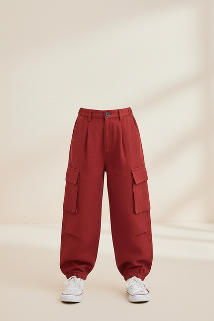 Pantalon Baggy Rouge Cargo Ample Fille Décontracté - Bordeaux Lin - vue 3