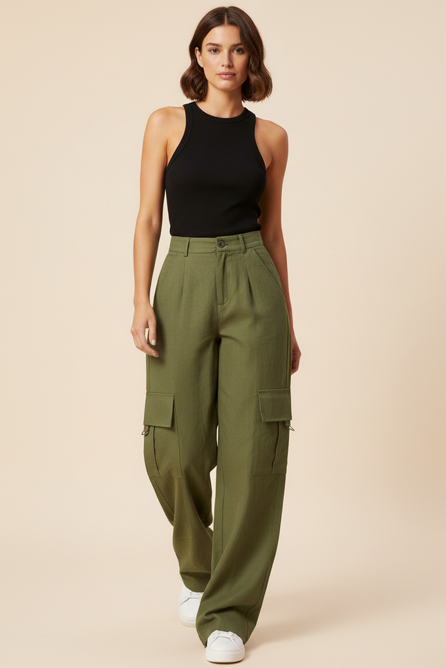 Pantalon Baggy Vert Kaki Cargo Ample Femme - Laine - vue 3