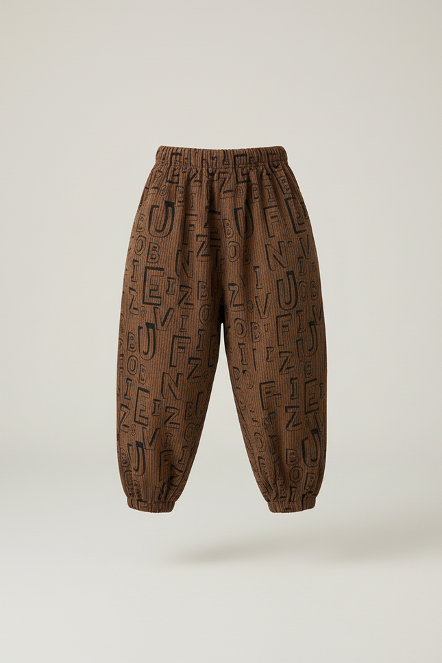 Pantalon Baggy Marron Lettres Ample Côtelé Enfant - Cordé - vue 3