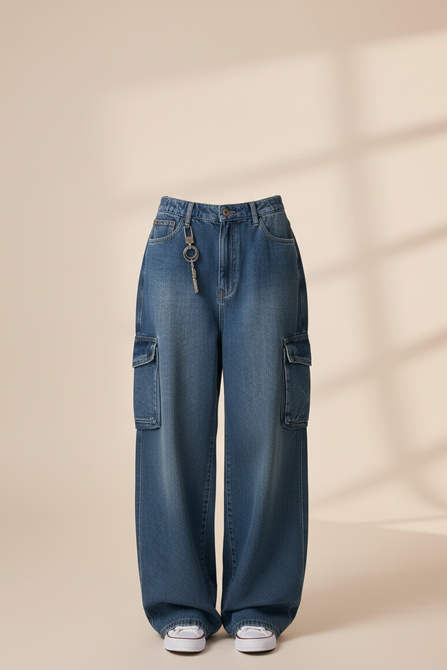 Pantalon Baggy Denim Bleu Cargo Ample Vintage Femme - Jean - vue 3