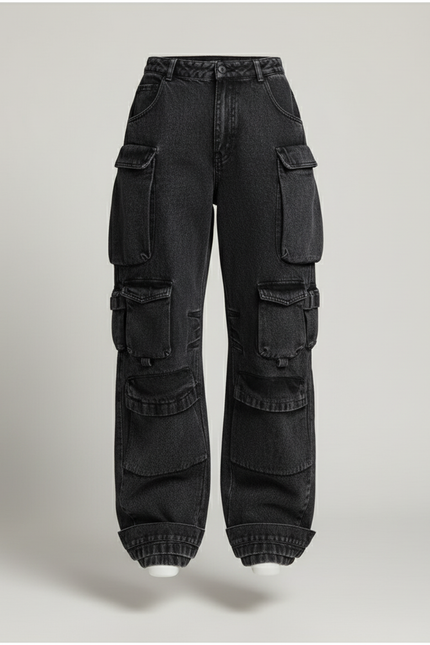 Pantalon Baggy Noir Denim Cargo Multi-Poches Large - Jean - vue 3