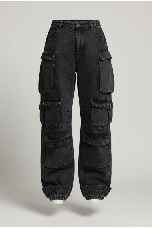 Pantalon Baggy Noir Denim Cargo Multi-Poches Large - Jean - vue 3
