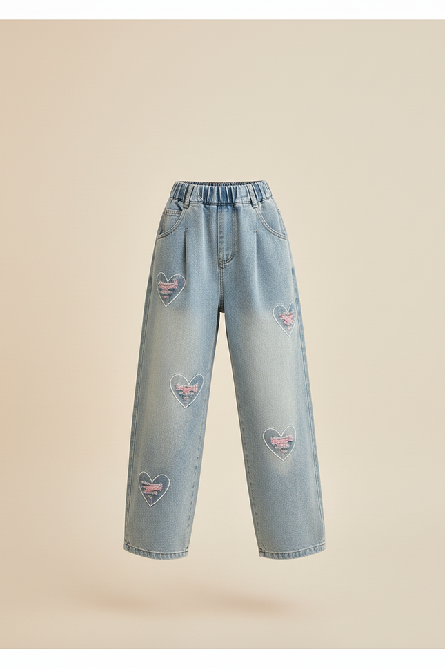 Pantalon Baggy Jean Bleu Cœurs Brodés Ample Fille - vue 3