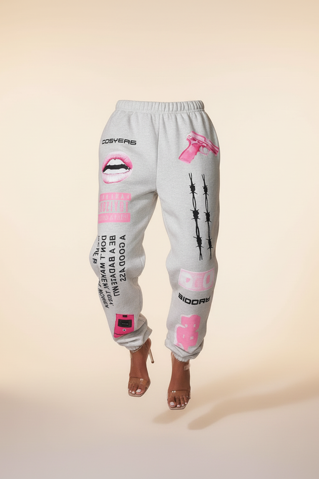 Pantalon Baggy Gris Imprimé Rose Décontracté Femme - Molleton - vue 3
