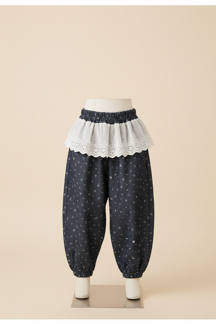 Pantalon Baggy Bleu Marine Ample Fleuri Élastique Fille - Coton - vue 3