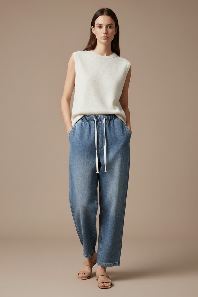 Pantalon Baggy Jean Bleu Ample Cordon Décontracté - vue 3
