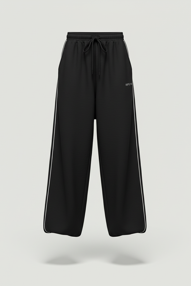 Pantalon Baggy Noir Ample Cordon Rayures Confortable - Molleton - vue 3