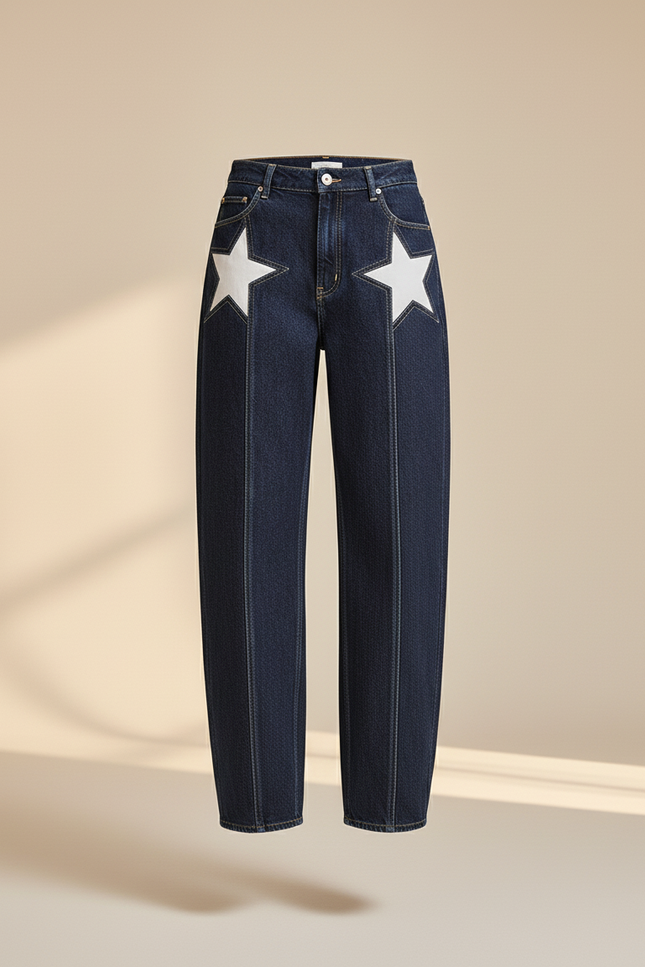 Pantalon Baggy Bleu Denim Étoiles Blanches Taille Haute - Marine Jean - vue 3