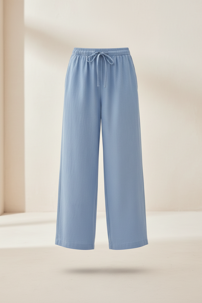 Pantalon Baggy Bleu Ciel Coton Lin Ample Cordon - vue 3