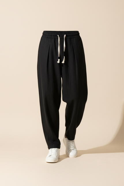 Pantalon Baggy Noir Lin Ample Décontracté Cordon Homme - vue 3
