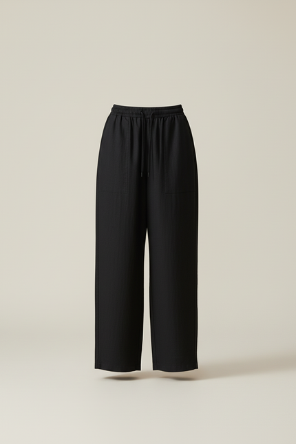 Pantalon Baggy Noir Lin Ample Décontracté Élastiqué - vue 3