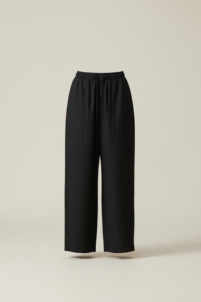 Pantalon Baggy Noir Lin Ample Décontracté Élastiqué - vue 3