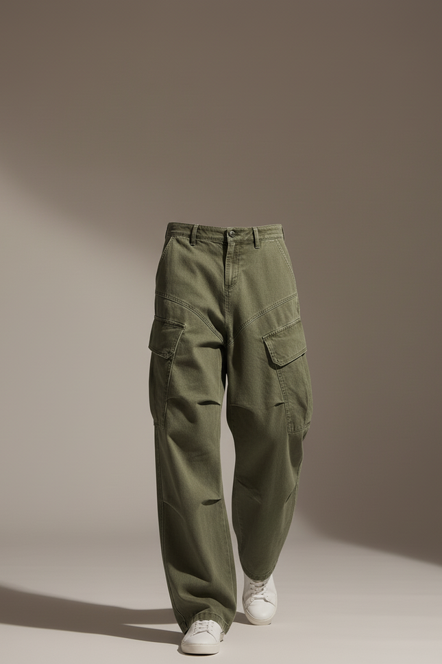 Pantalon Baggy Vert Cargo Ample Coton Homme - Kaki - vue 3
