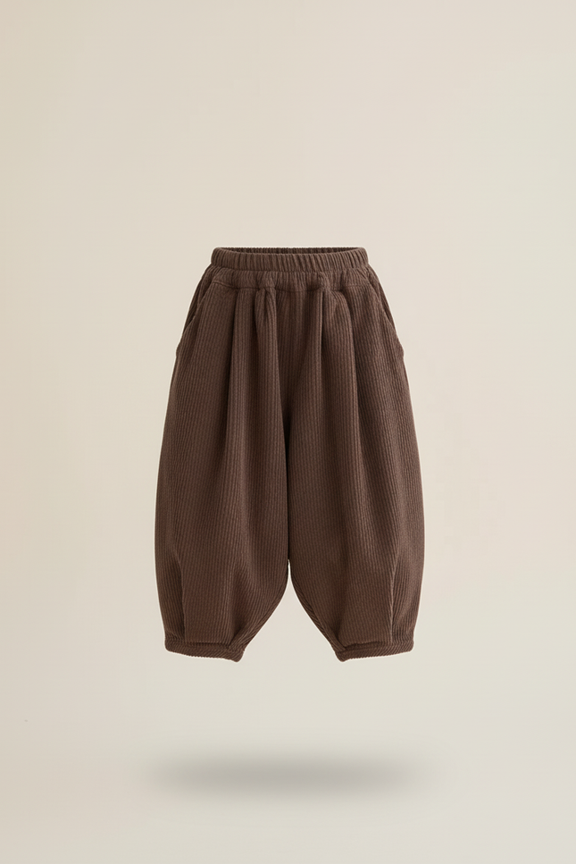 Pantalon Baggy Fille Taille Élastique Velours 2 - Marron Cordé - vue 3