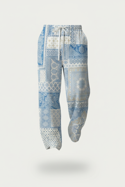 Pantalon Baggy Patchwork Bleu Motif Rétro Ample Décontracté - Viscose - vue 3
