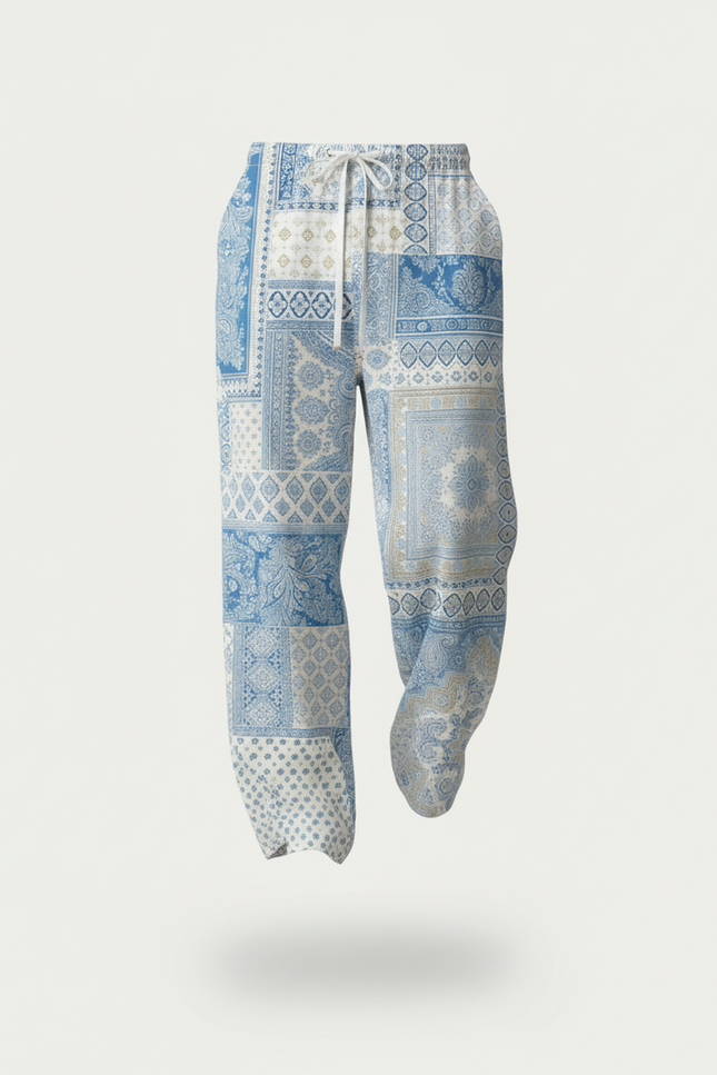 Pantalon Baggy Patchwork Bleu Motif Rétro Ample Décontracté - Viscose - vue 3