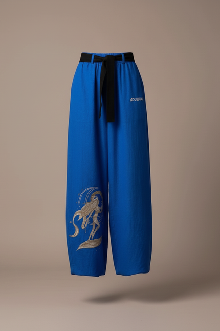 Pantalon Baggy Bleu Imprimé Ample Streetwear Cordon Femme - Lin - vue 3