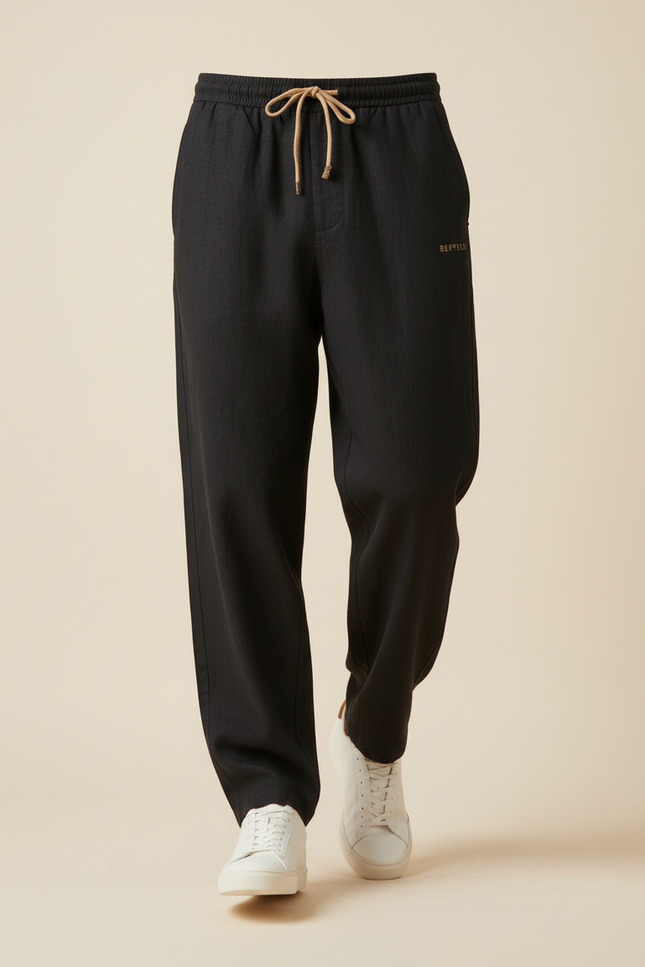 Pantalon Baggy Noir Ample Cordon Décontracté Lin Homme - vue 3