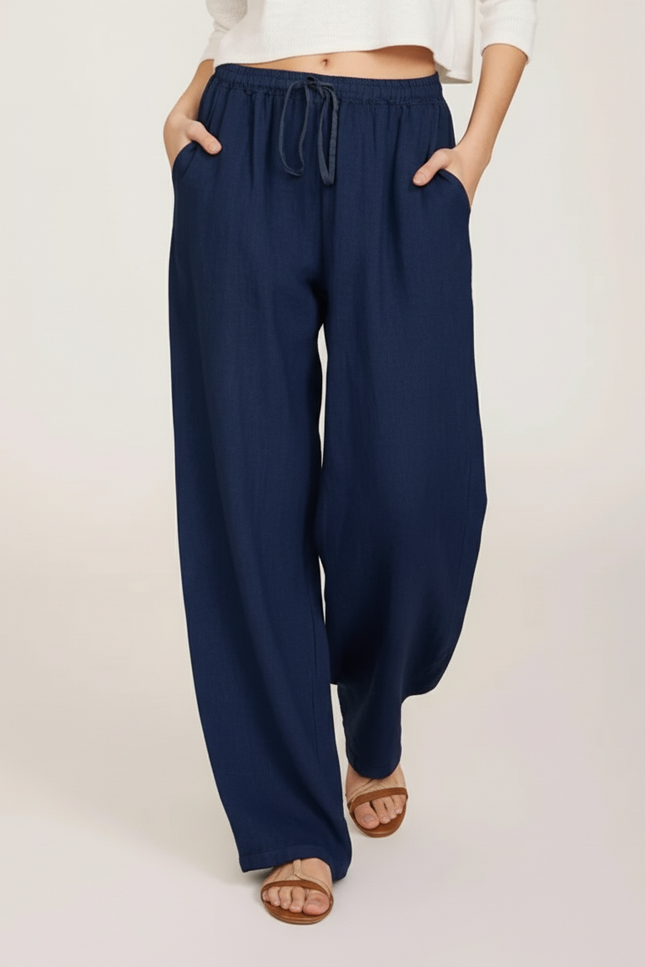 Pantalon Baggy Bleu Marine Ample Coton Lin Femme - vue 3