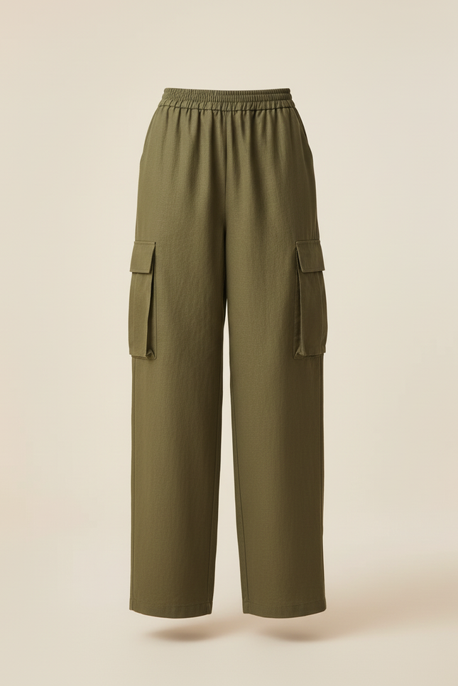 Pantalon Baggy Vert Kaki Ample Cargo Taille Élastique - Toile - vue 3