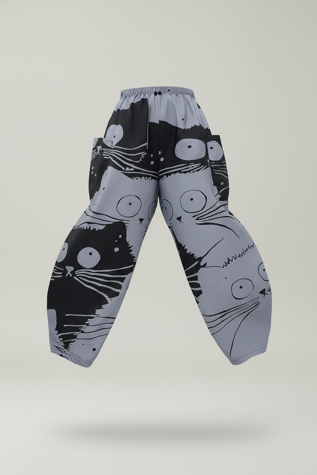 Pantalon Baggy Gris Imprimé Chats Ample Décontracté Femme - Polyester - vue 3