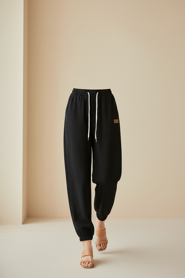 Pantalon Baggy Noir Ample Cordon Décontracté Fluide - Lin - vue 3