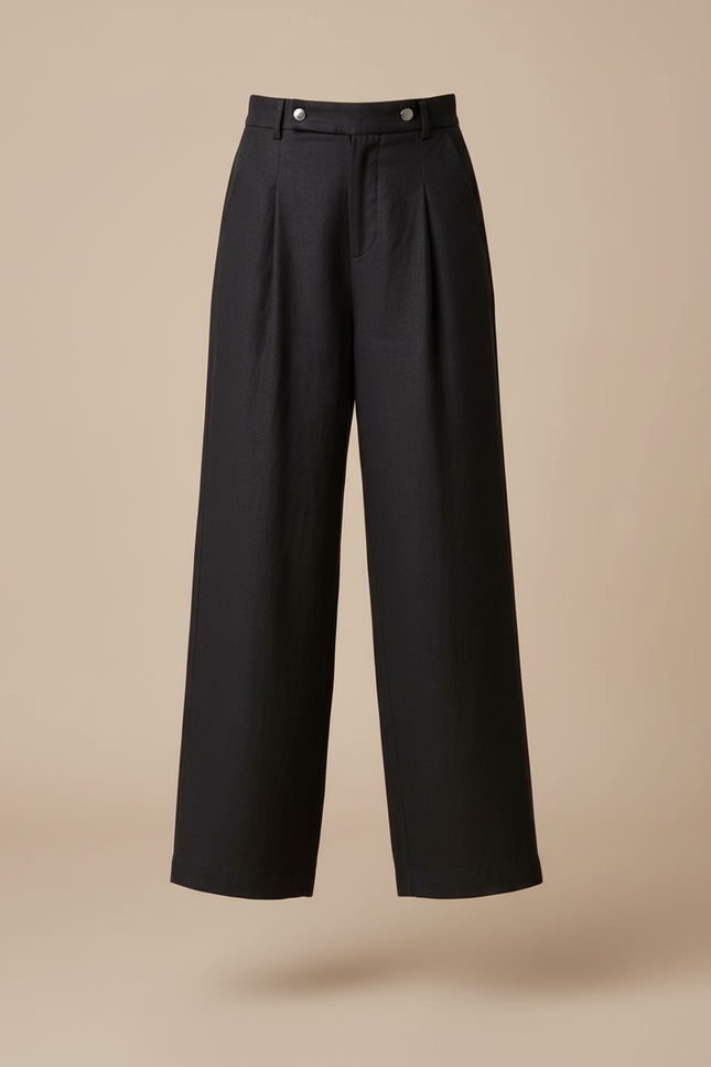 Pantalon Baggy Fille Noir Taille Haute - Lin - vue 3
