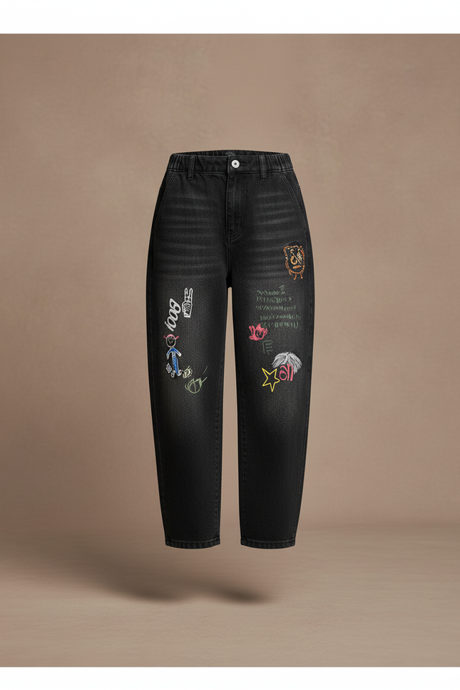 Pantalon Baggy Noir Ample Graffiti Dessins Enfant - Jean - vue 3
