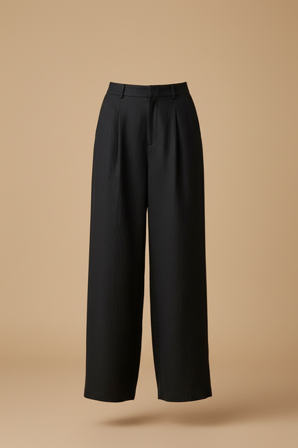 Pantalon Baggy Noir Ample Taille Haute Droit Élégant - Lin - vue 3