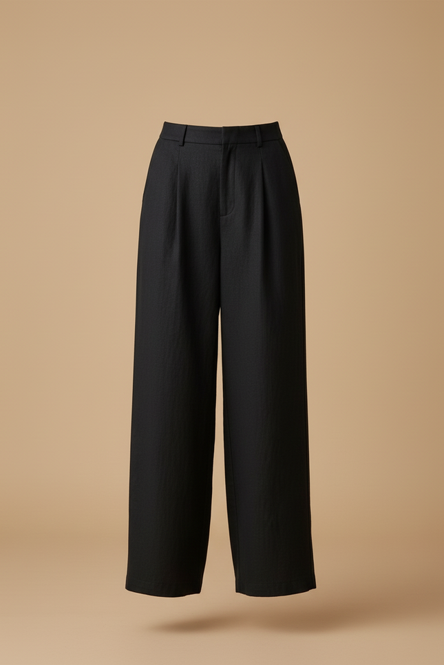 Pantalon Baggy Noir Ample Taille Haute Droit Élégant - Lin - vue 3