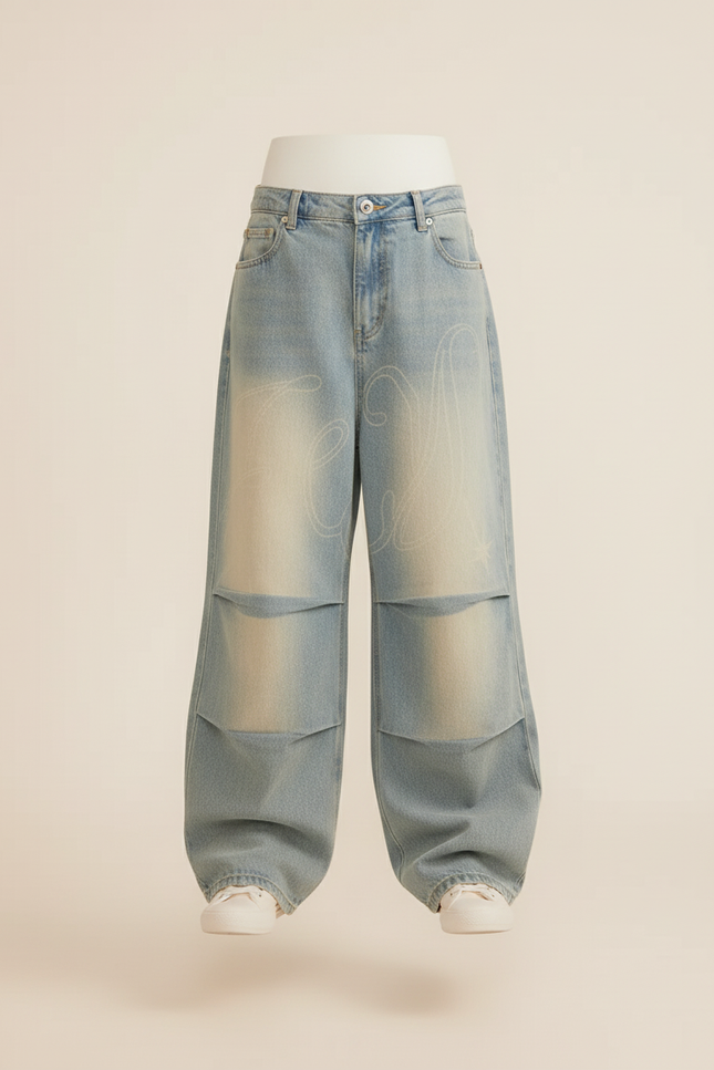 Pantalon Baggy Denim Clair Ample Droit Imprimé - Bleu Jean - vue 3