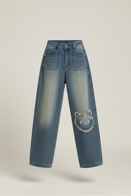 Pantalon Baggy Jean Délavé Ample Imprimé Fille - Bleu - vue 3