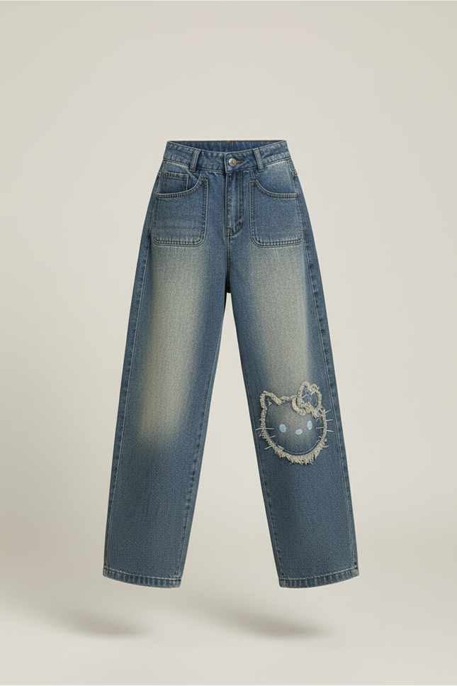 Pantalon Baggy Jean Délavé Ample Imprimé Fille - Bleu - vue 3