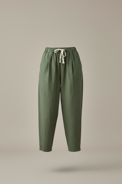 Pantalon Baggy Vert Kaki Lin Ample Cordon Décontracté - vue 3
