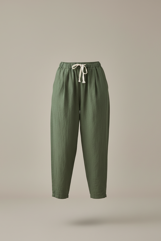 Pantalon Baggy Vert Kaki Lin Ample Cordon Décontracté - vue 3