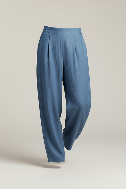 Pantalon Baggy Bleu Fluide Plissé Taille Haute Femme - Lin - vue 3