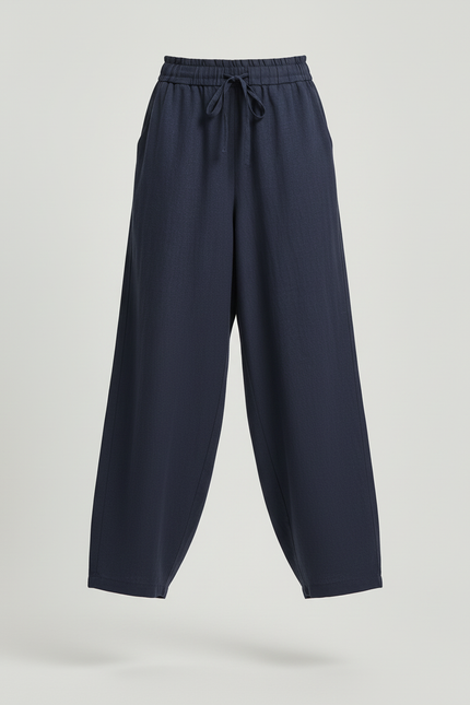Pantalon Baggy Bleu Marine Lin Ample Fluide Cordon - vue 3