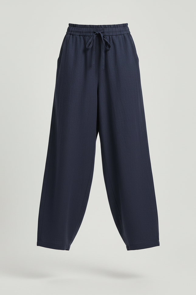 Pantalon Baggy Bleu Marine Lin Ample Fluide Cordon - vue 3
